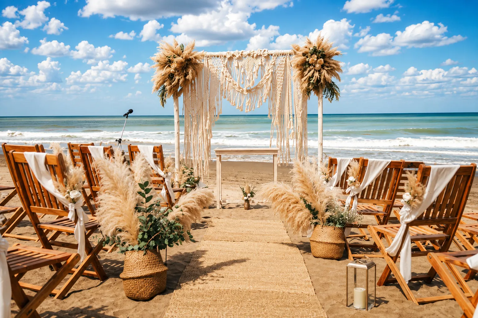 Arco de ceremonia con pampas y fibras naturales frente al mar